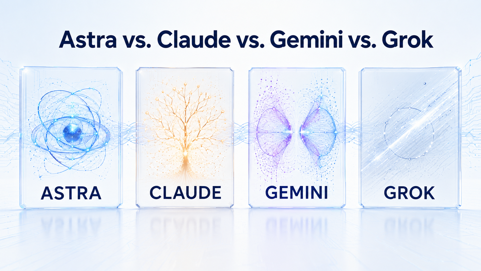 Astra, Claude, Gemini and Grok shown as four equally sized illuminated panels on a white-and-blue background