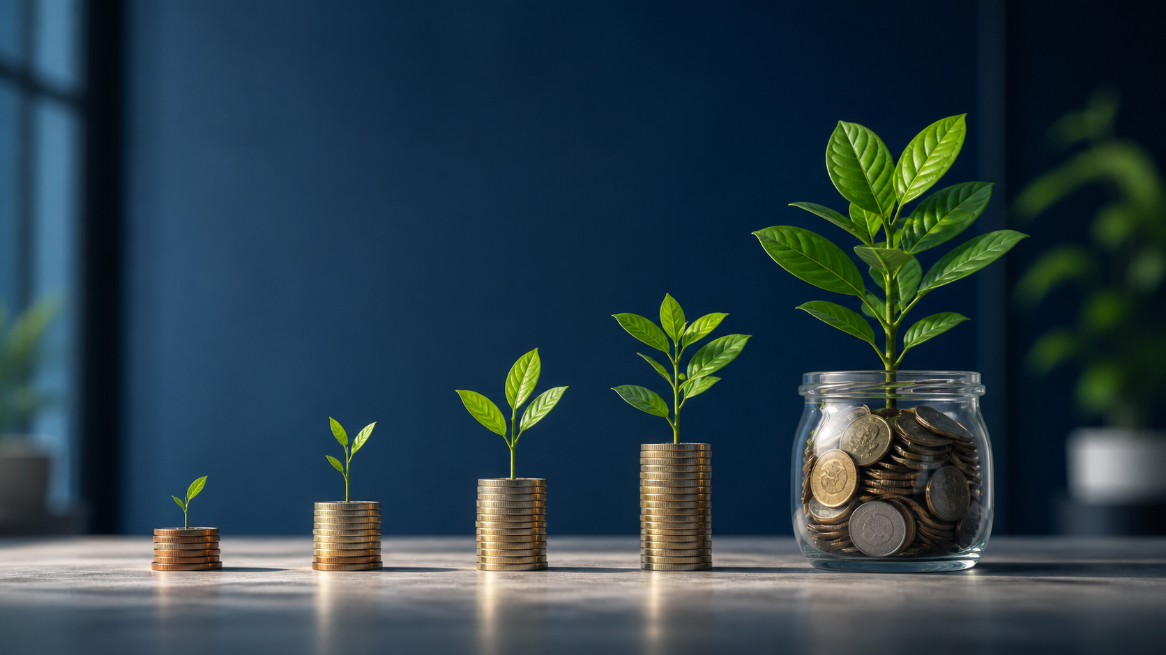 Coin stacks and healthy plants growing steadily from small beginnings to mature wealth
