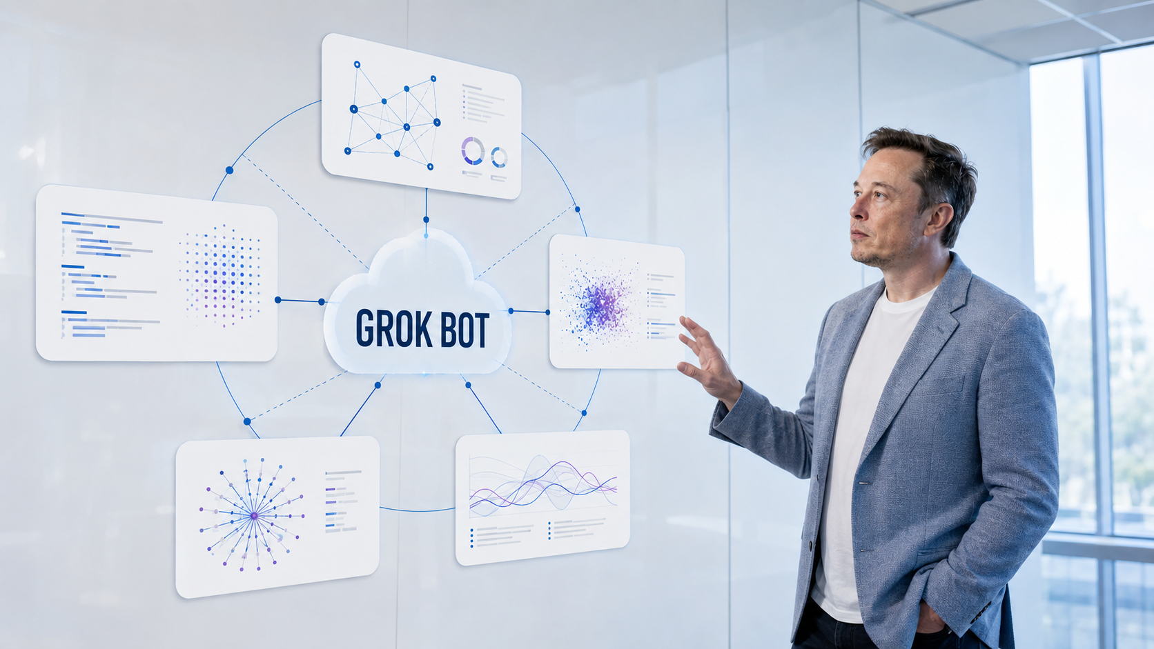 AI-generated editorial image of Elon Musk standing at the right of a bright Grok Bot team-coordination map