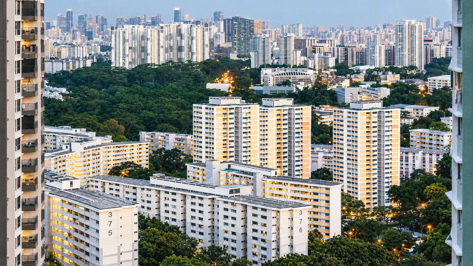 AI-assisted editorial treatment of John T’s photograph of Singapore HDB blocks, greenery and the city skyline