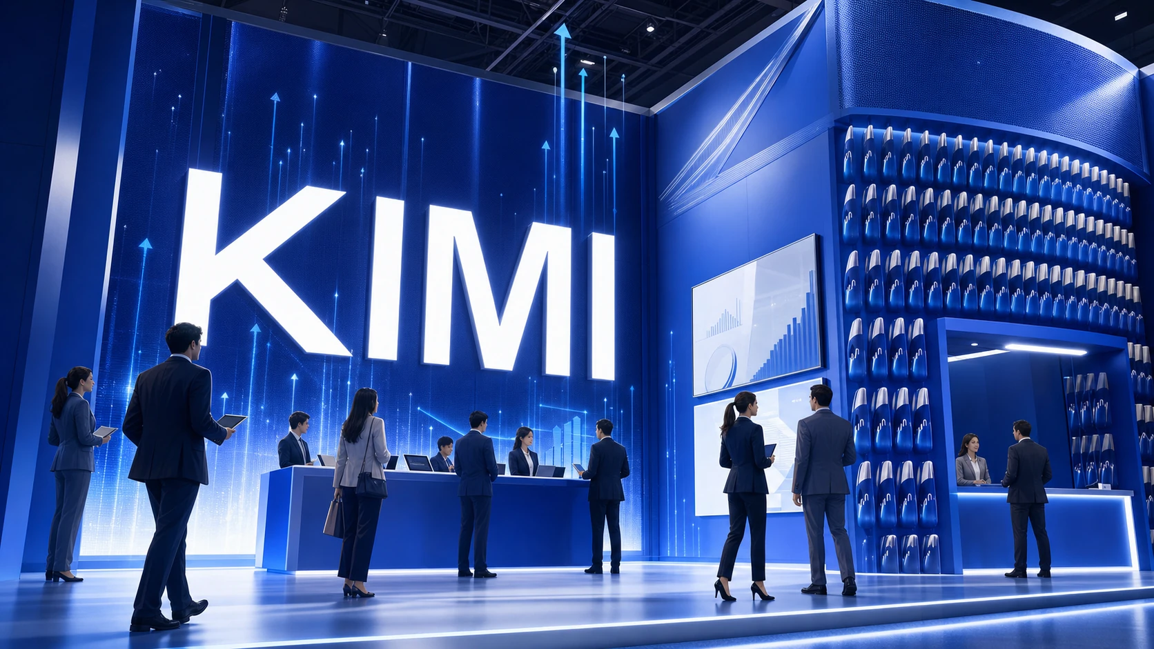 A professional animated Kimi AI exhibition with the word KIMI rising above business visitors and illuminated data graphics