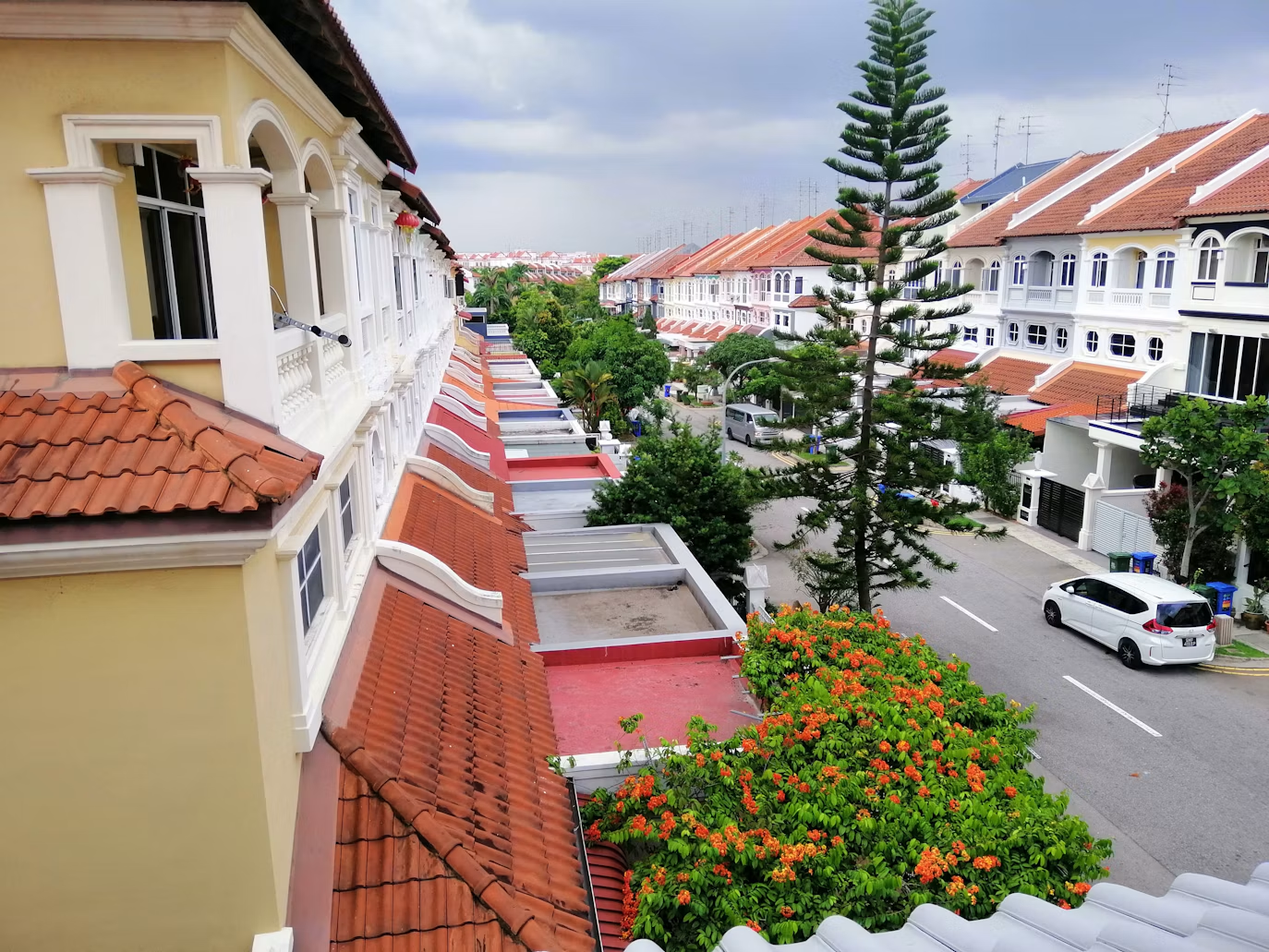 Terraced landed houses with red tiled roofs and greenery in Singapore